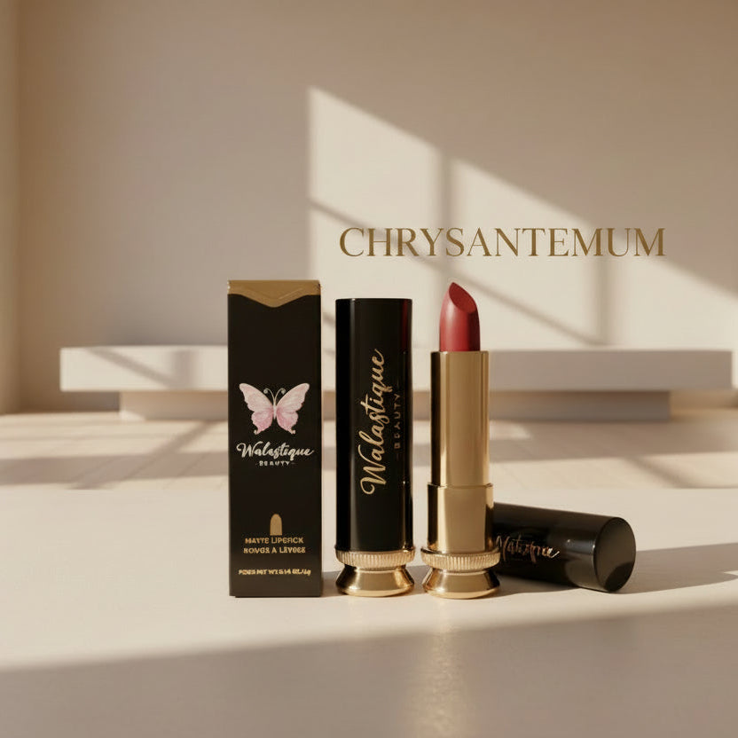 Matte lipstick in Chrysanthemum shade by Walastique Beauty, soft pink tone with matte finish
