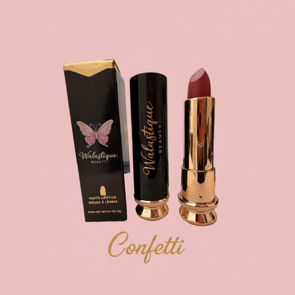 Matte lipstick in Confetti shade by Walastique Beauty, playful pink shade with matte finish