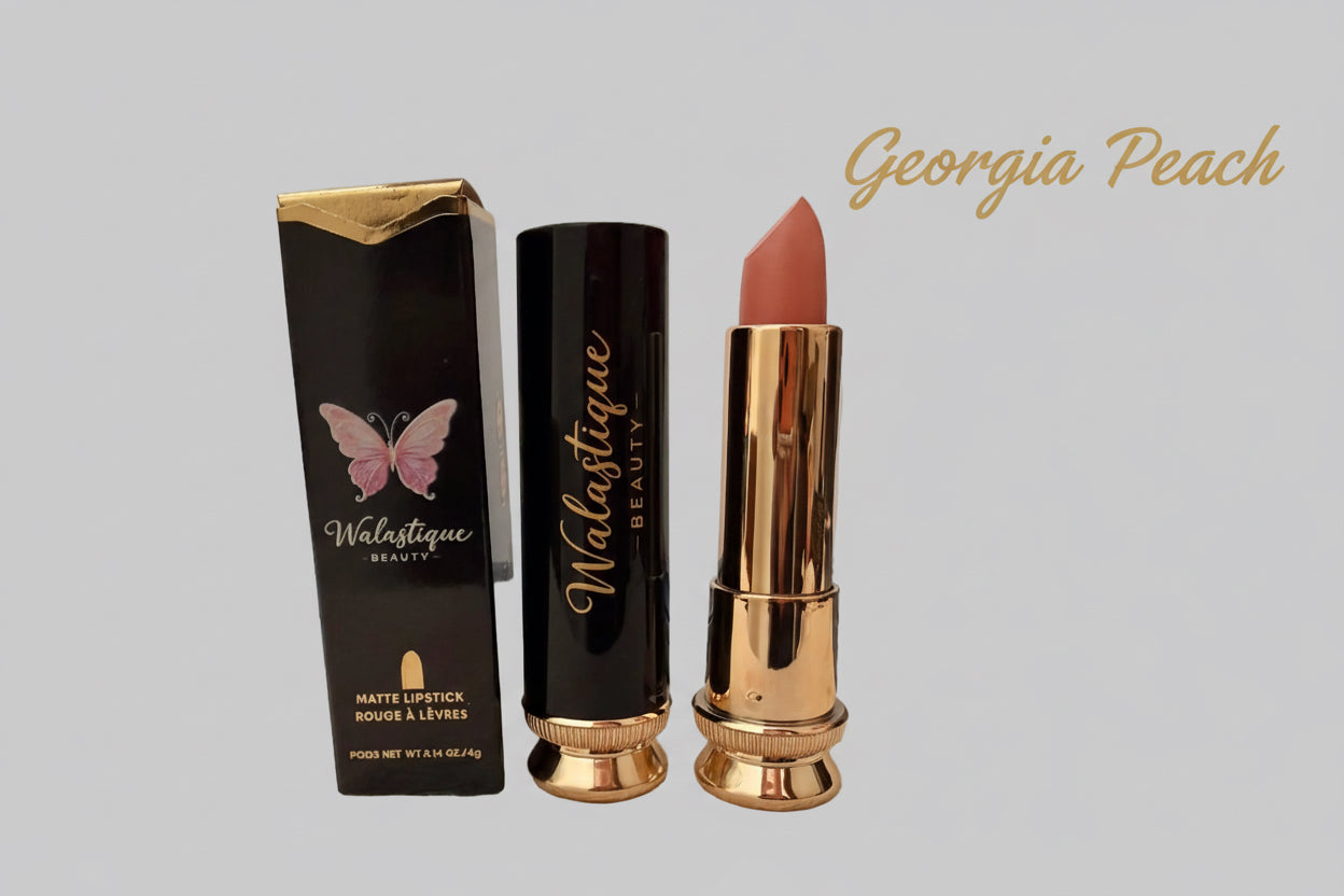 Matte lipstick in Georgia Peach shade by Walastique Beauty, warm peach tone with matte finish