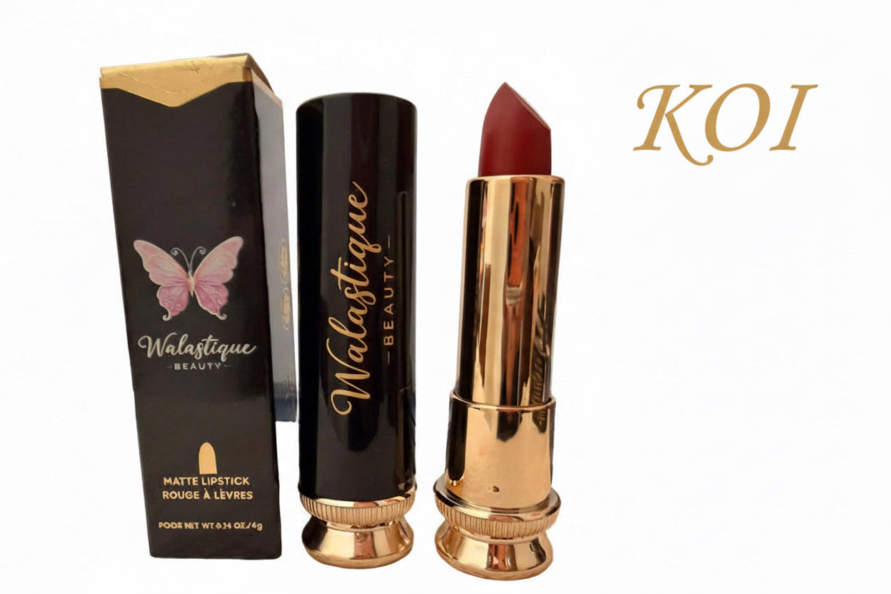 Matte lipstick in Koi shade by Walastique Beauty, vibrant coral-orange tone with matte finish