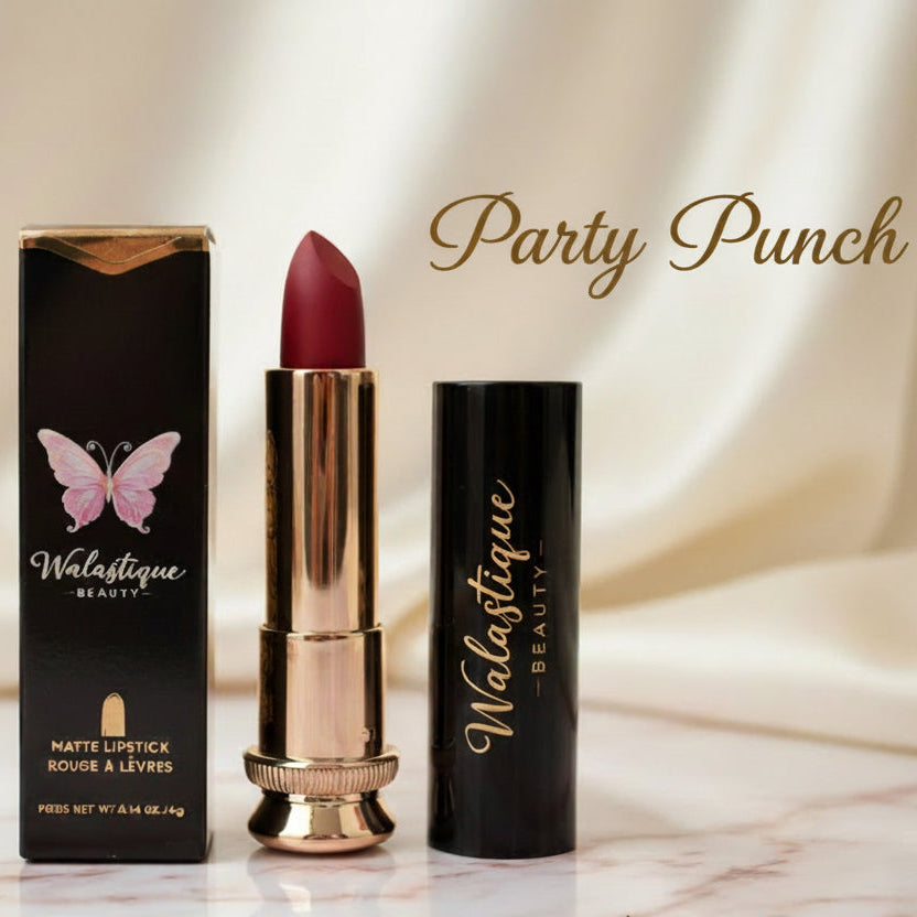 Matte lipstick in Party Punch shade by Walastique Beauty, bright pink tone with matte finish