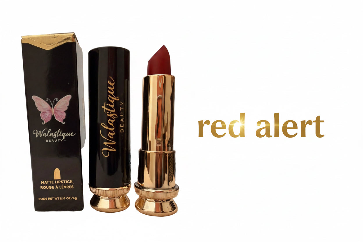 Matte lipstick in Red Alert shade by Walastique Beauty, bold classic red with matte finish