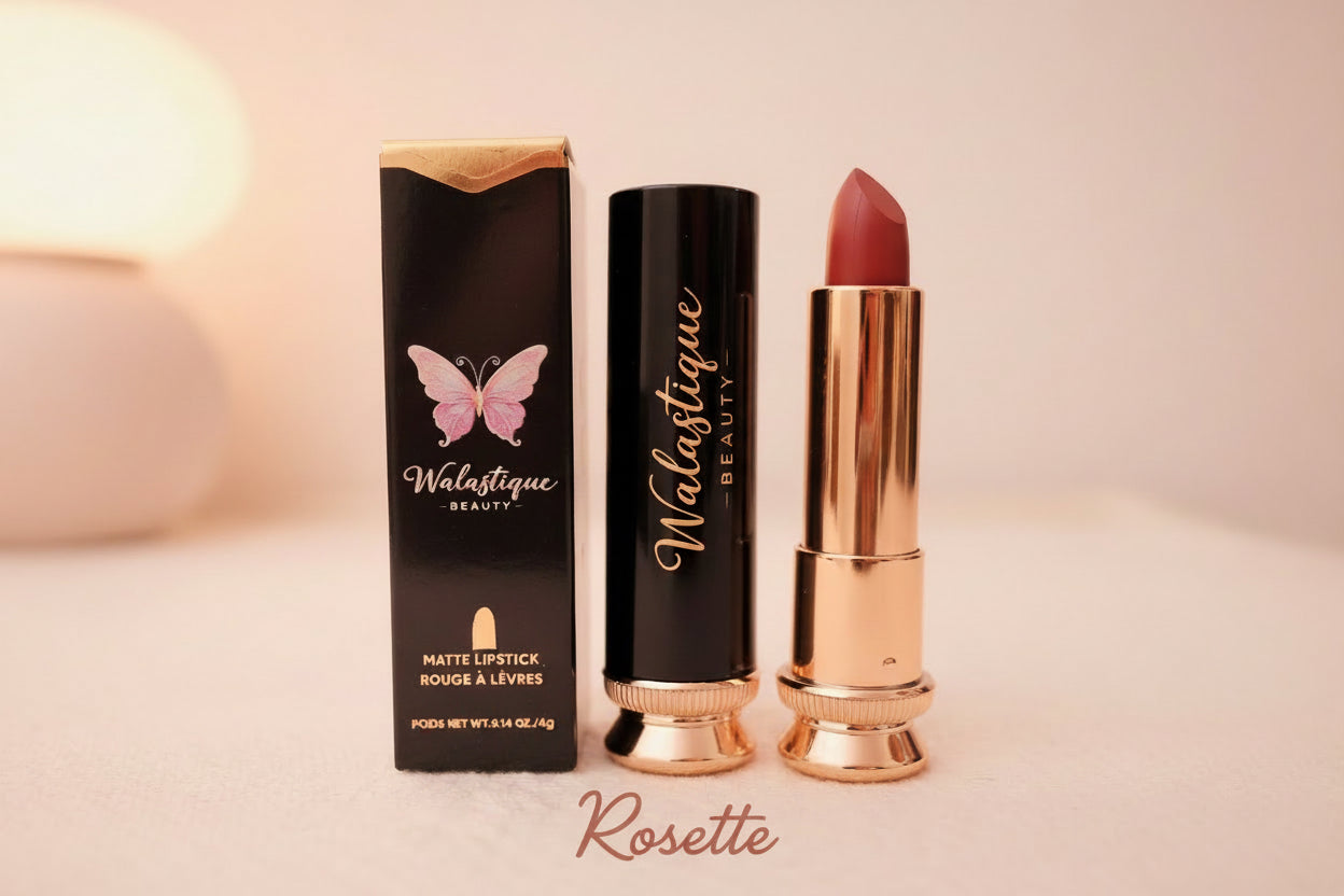 Walatique Beauty matte lipstick with packaging, rosette shade ,soft rose pink tone on a neutral background