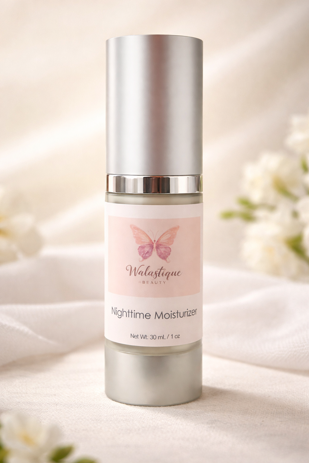 Skincare bottle labeled 'Walastique' on a soft background with flowers.