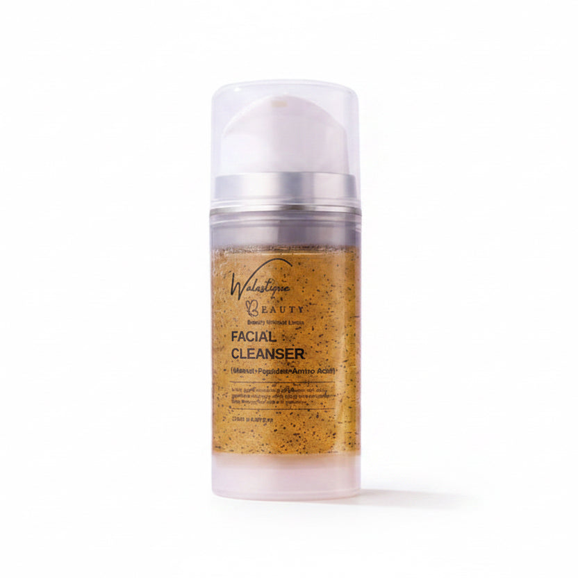 Walastique Beauty Walnut facial cleanser  in a pump bottle on a white background .
