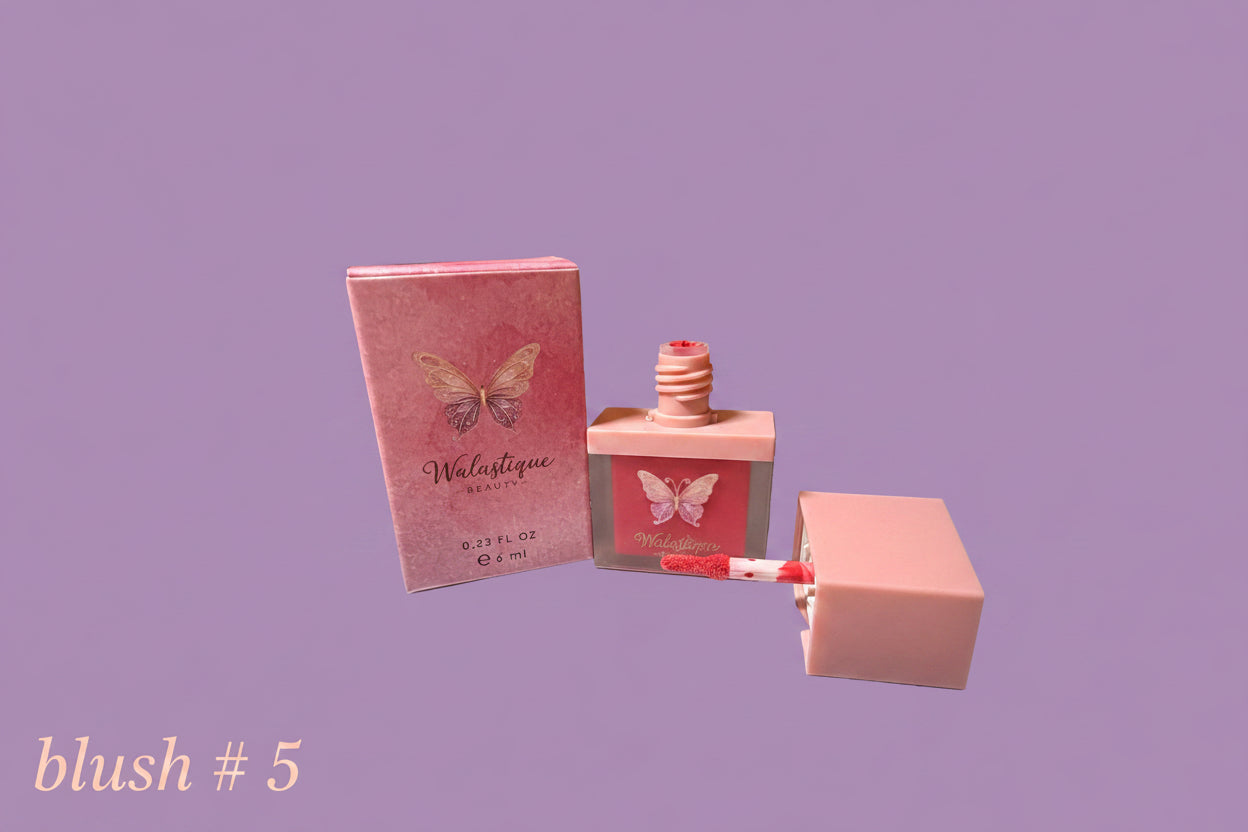 Walastique Beauty pink liquid blush #5 and packaging on a light purple background
