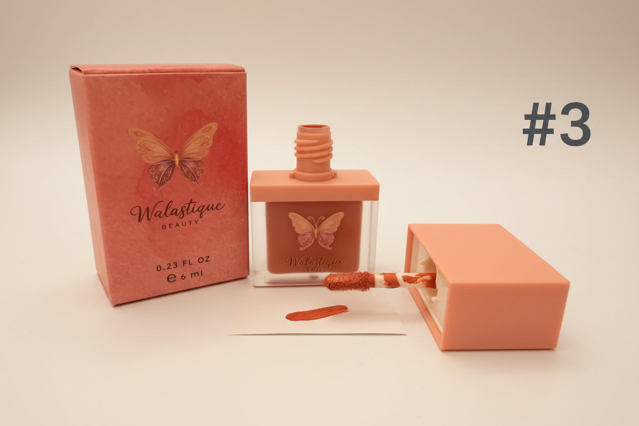 Walastique Beauty liquid blush shade #3 with packaging on a white background