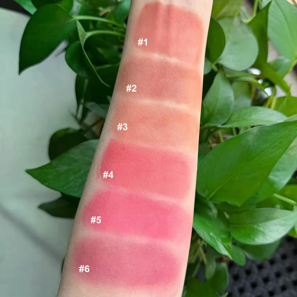 Liquid blush shade swatches 1 to6  on arm  showing pink, coral, and nude tones by Walastique Beauty