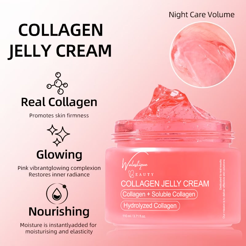 Collagen jelly cream jar with product features on a pink background