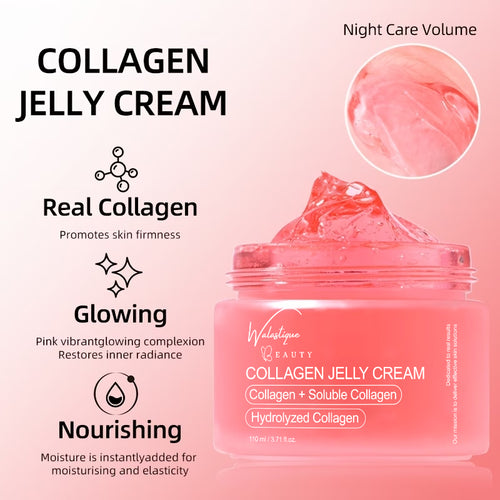Collagen jelly cream jar with product features on a pink background