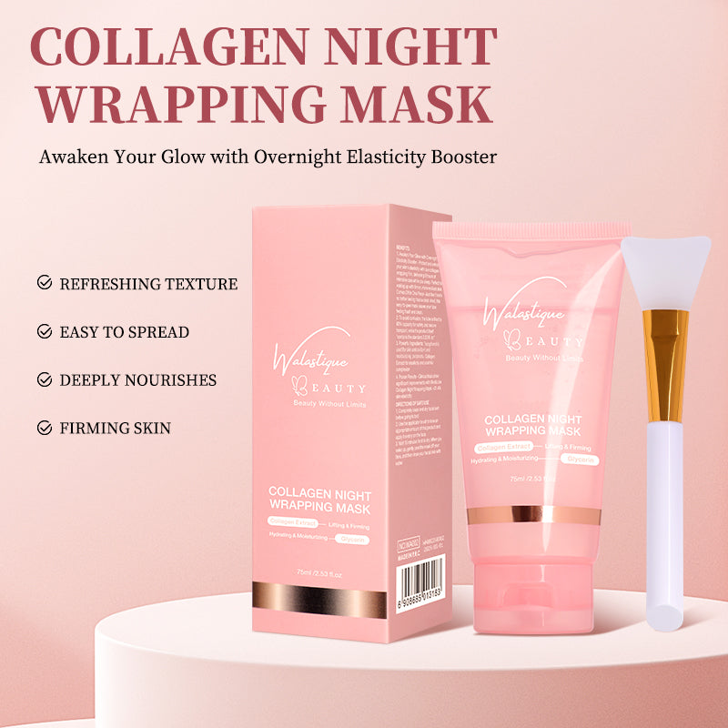Walastique Collagen night wrapping mask packaging with product and applicator on a pink background