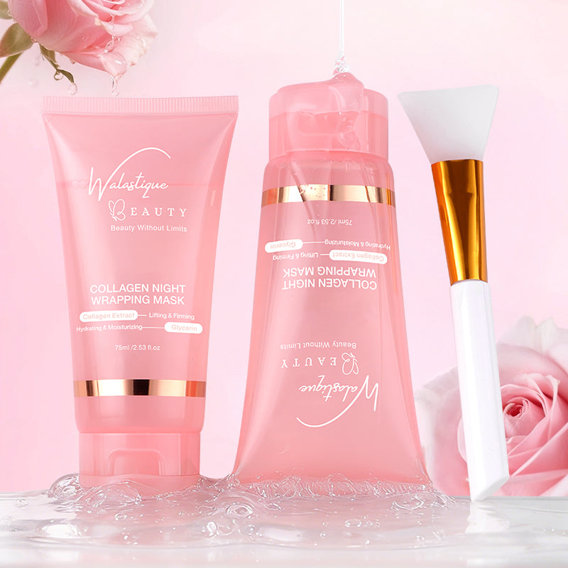 Two pink Walastique collagen night wrapping masks with applicator and flowers on a light pink background