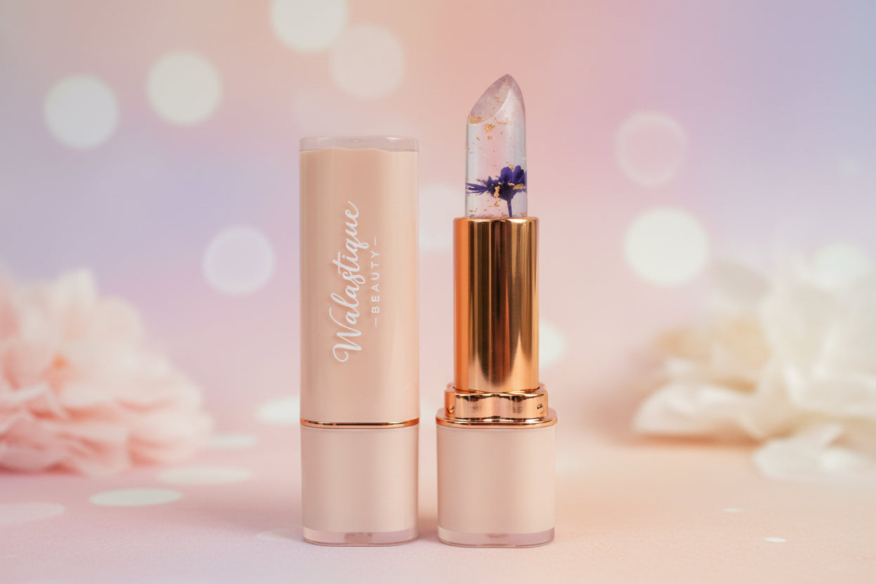 Walastique Beauty Clear lipstick with dark petal on blurry background
