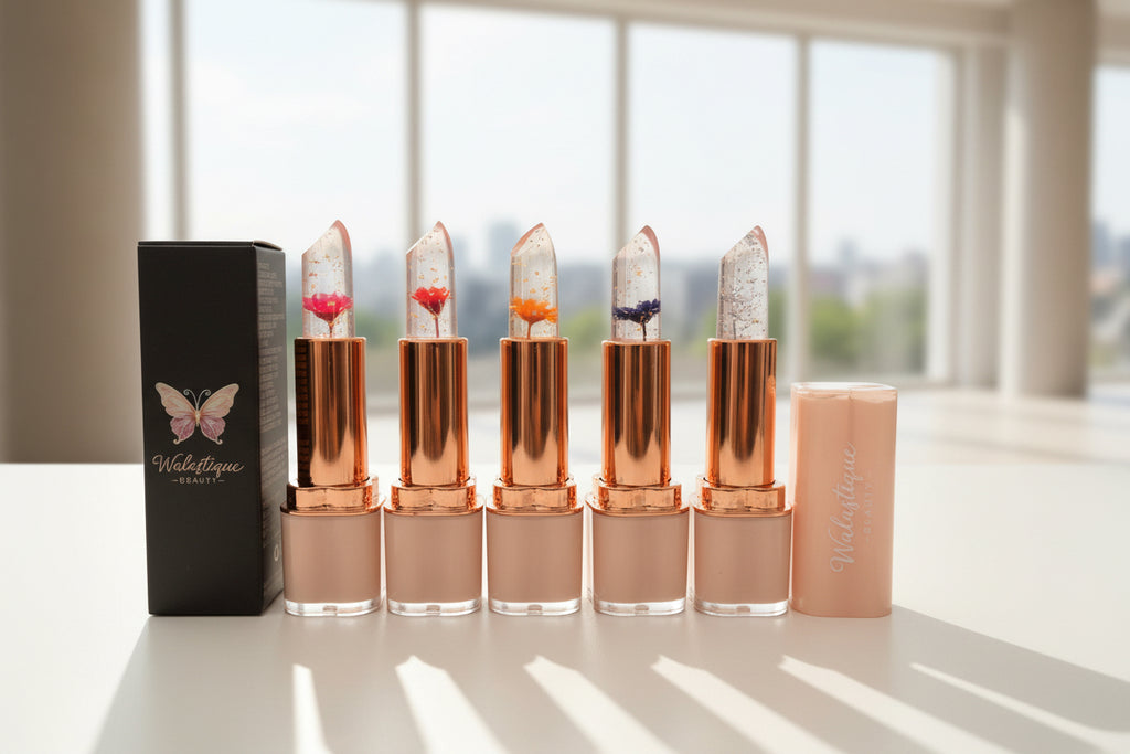 Set of Walastique lipsticks with floral design on  blurred window background