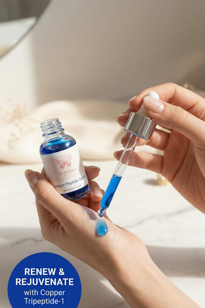 Walastique copper peptide serum with dropper applying blue serum onto skin.