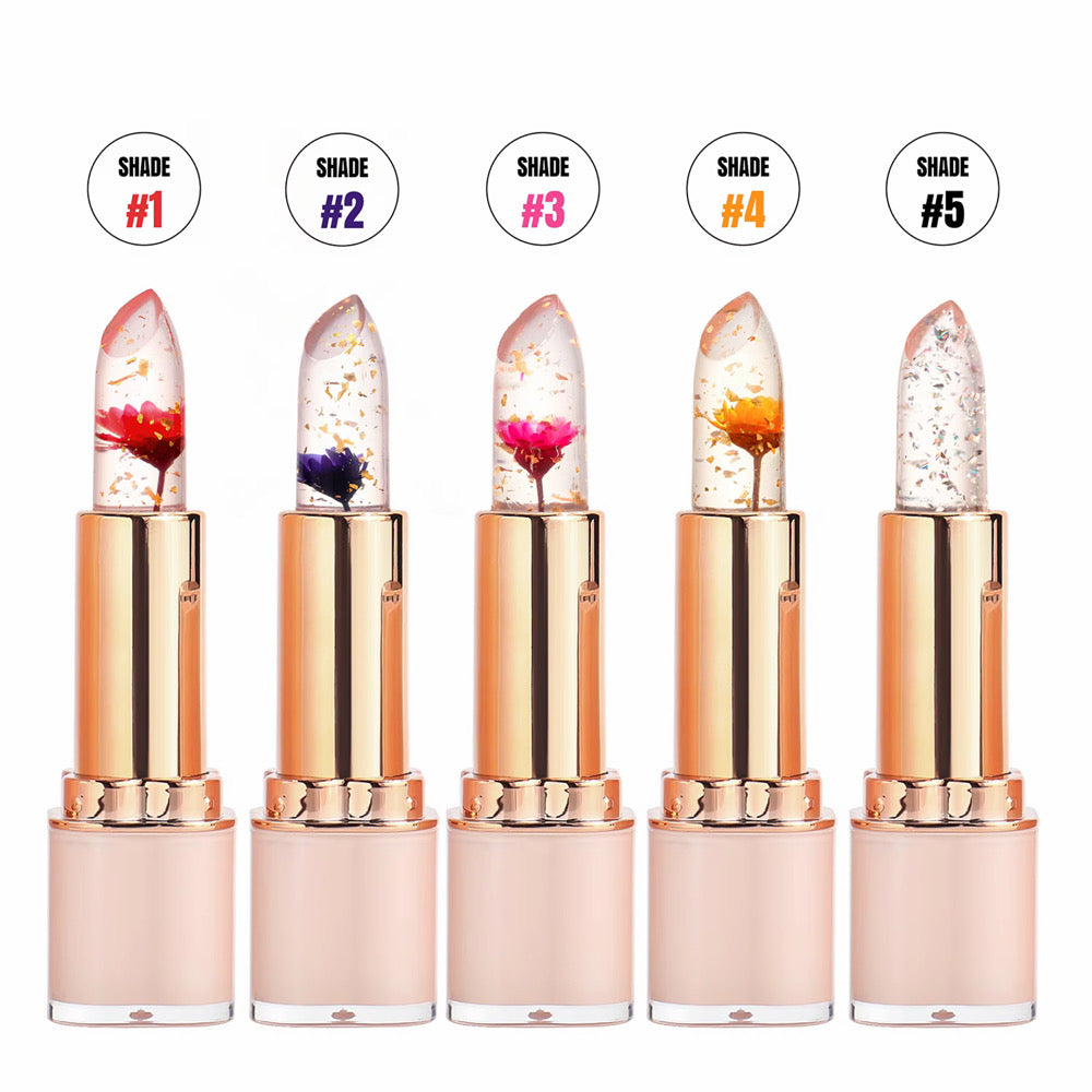 Set of five lipsticks with floral designs and shades #1 - #5 on a white background