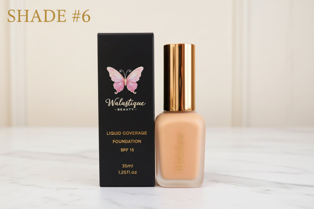 Walastique Beauty foundation bottle and packaging with a butterfly design on a neutral background