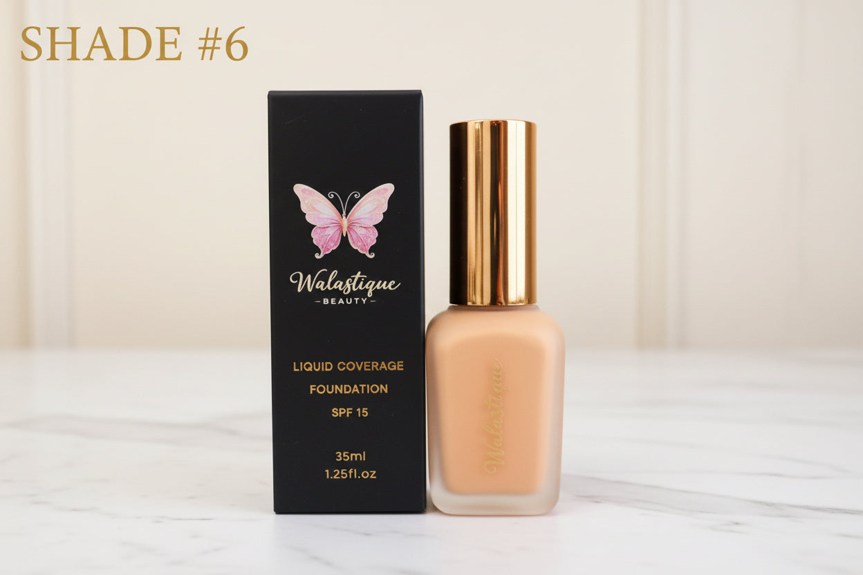 Walastique Beauty foundation bottle and packaging with a butterfly design on a neutral background
