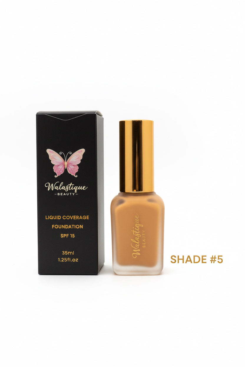 Walastique Beauty liquid coverage foundation bottle shade #5 and packaging on white background.
