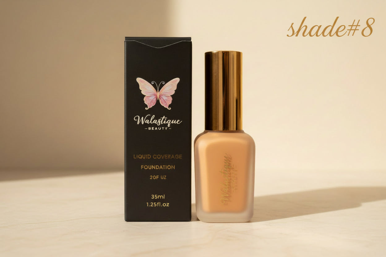 Walastique Beauty liquid coverage foundation bottle and packaging on a neutral background