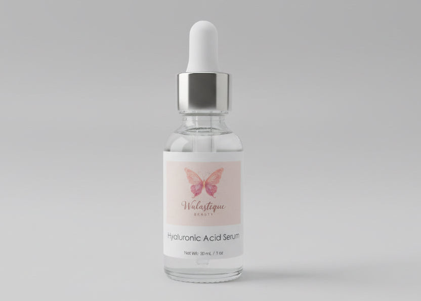 Walastique Beauty hyaluronic acid serum in clear glass dropper bottle on light grey background.