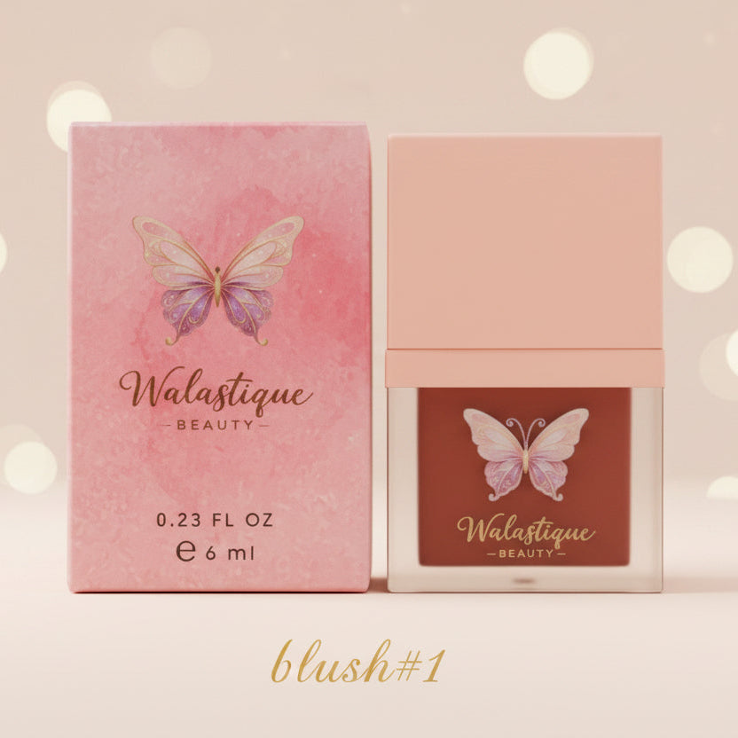 Walastique Beauty blush packaging with butterfly design on a soft pink background