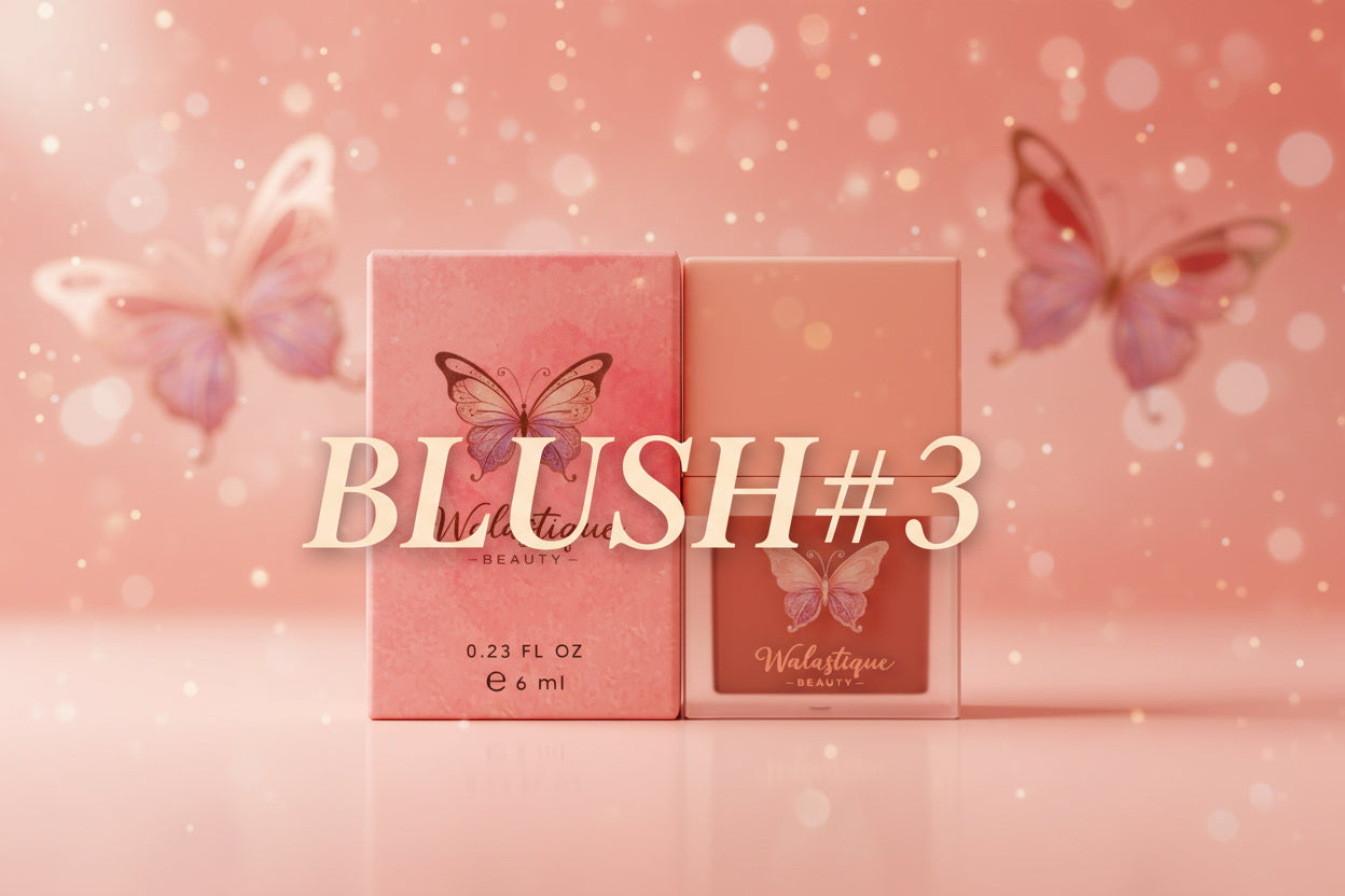 Walastique Beauty liquid blush shade #3 with packaging butterflies on a soft pink background