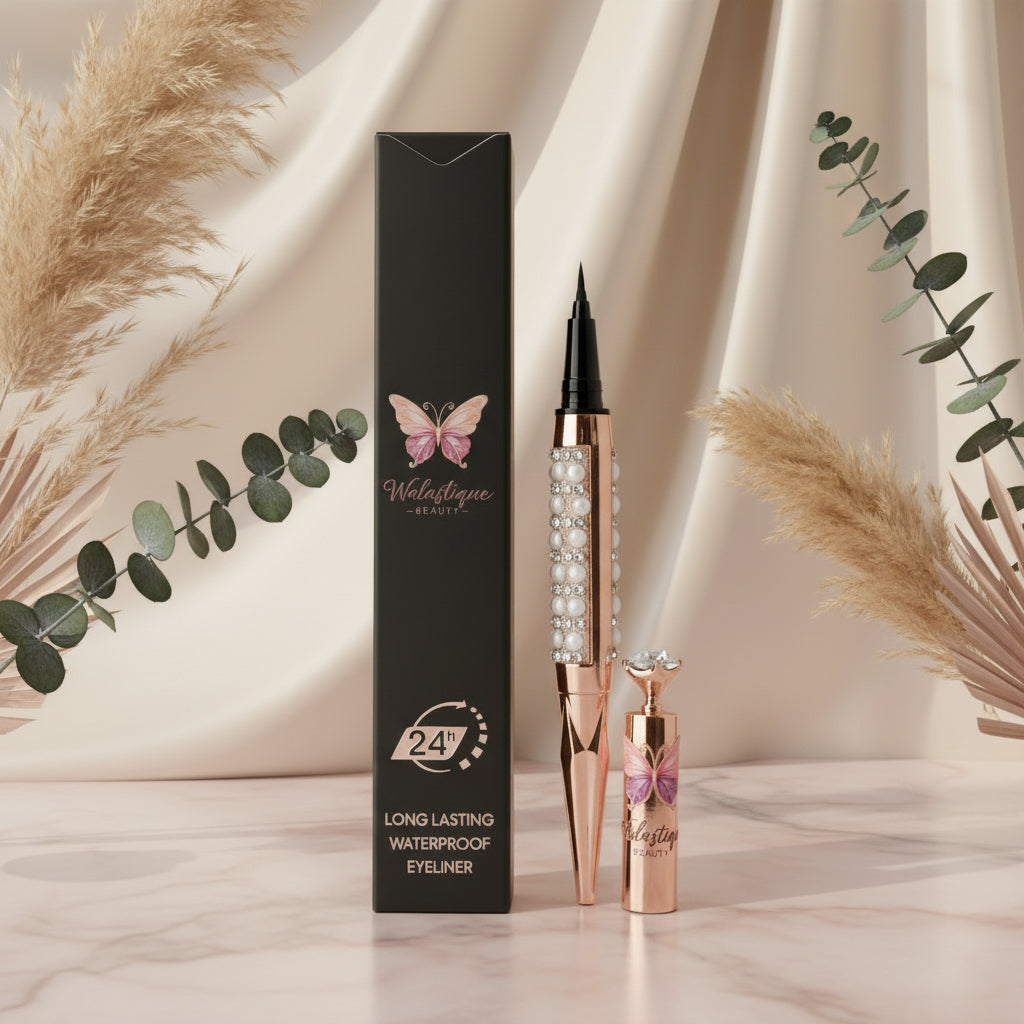 Walastique Eyeliner pen and packaging in aesthetic beige background