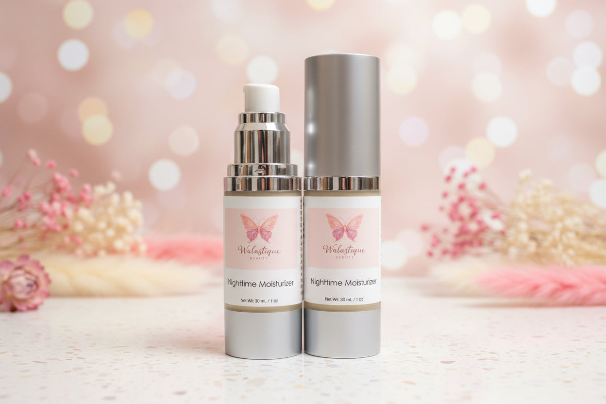 Two skincare bottles labeled 'Walastique Beauty' on a reflective surface with a blurred background.
