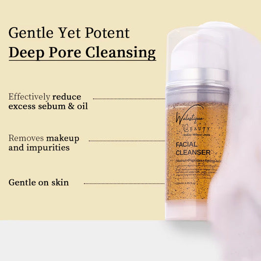 Walastique Facial cleanser bottle with text highlighting its benefits on a beige background