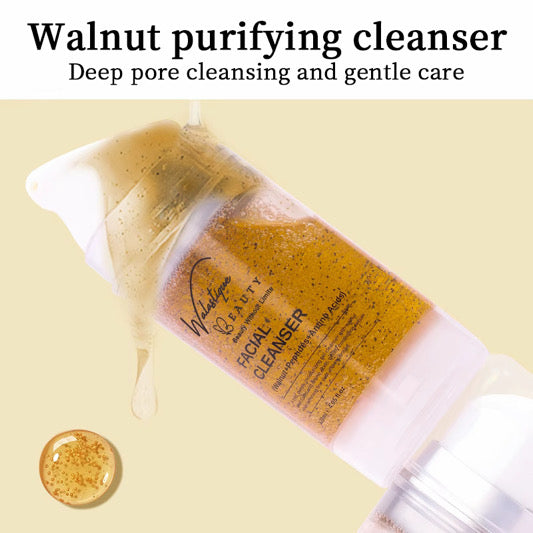Walastique walnut facial cleanser bottle with a pump, on a light yellow background.