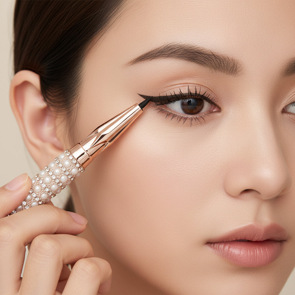 Woman applying waterproof liquid eyeliner for a precise winged eye makeup