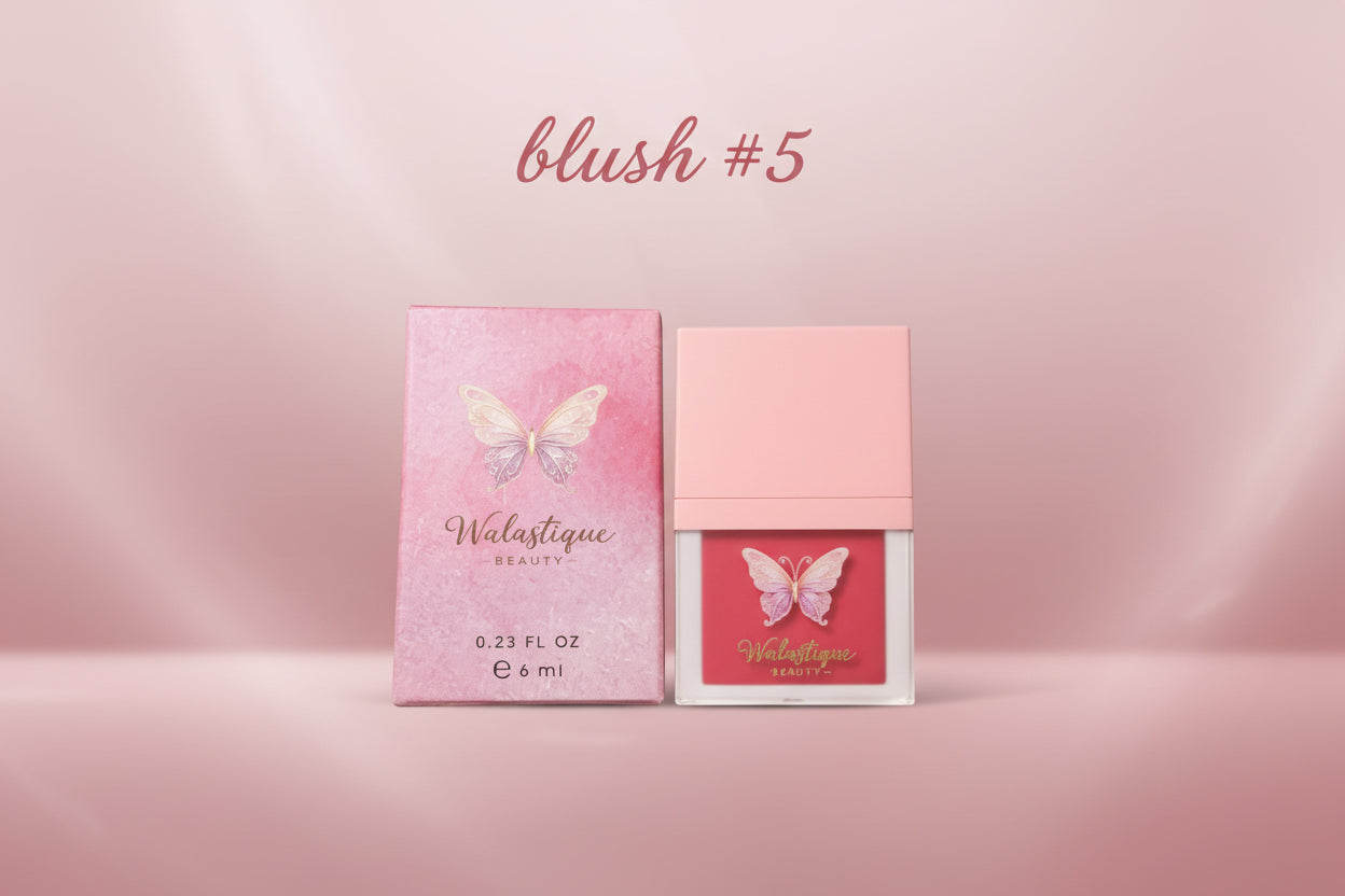 Pink Walastique packaging and blush shade #5 with butterfly design on a textured surface