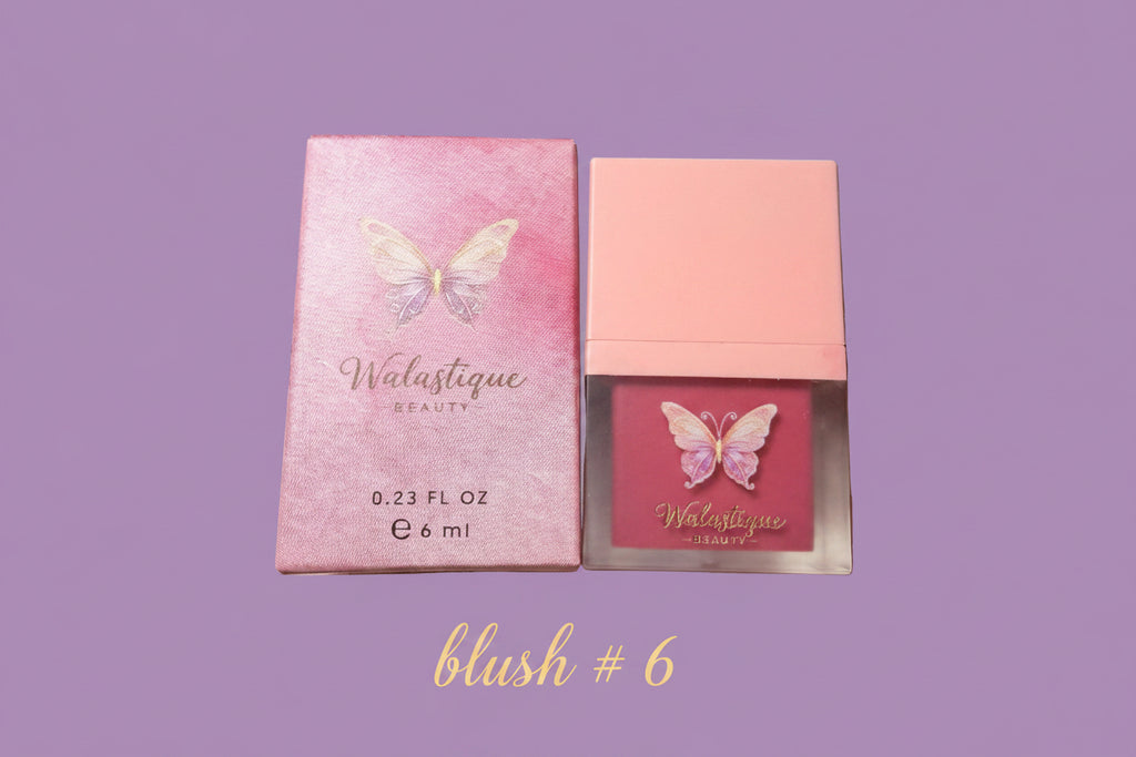 Walastique Beauty Liquid Blush and packaging blush #6 on light purple background