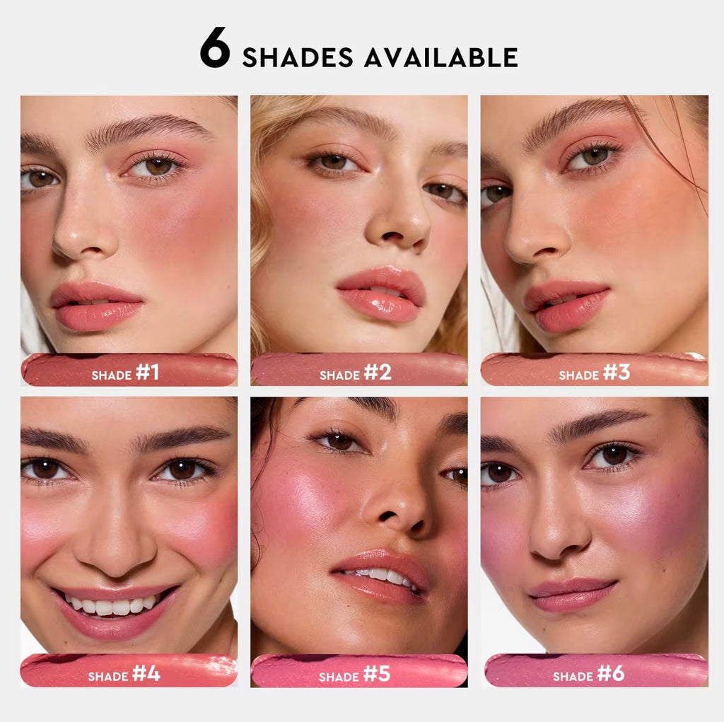 Product display with six different shades of blush on a model's cheeks, labeled from #1 to #6.
